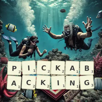 Creative illustration for a Scrabble game with the word PICKABACKING spelled out in tiles on the board.