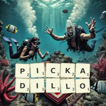 Creative illustration for a Scrabble game with the word PICKADILLO spelled out in tiles on the board.