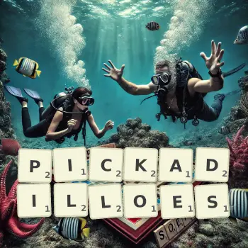 Creative illustration for a Scrabble game with the word PICKADILLOES spelled out in tiles on the board.