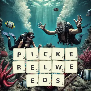 Creative illustration for a Scrabble game with the word PICKERELWEEDS spelled out in tiles on the board.