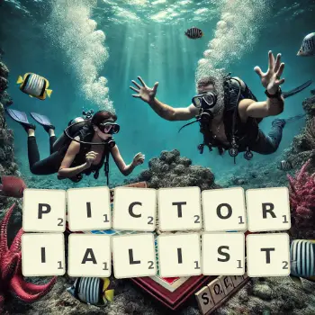 Creative illustration for a Scrabble game with the word PICTORIALIST spelled out in tiles on the board.