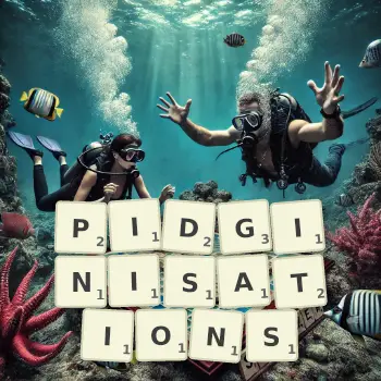 Creative illustration for a Scrabble game with the word PIDGINISATIONS spelled out in tiles on the board.