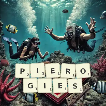 Creative illustration for a Scrabble game with the word PIEROGIES spelled out in tiles on the board.