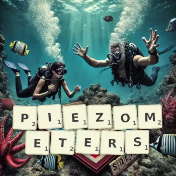 Creative illustration for a Scrabble game with the word PIEZOMETERS spelled out in tiles on the board.