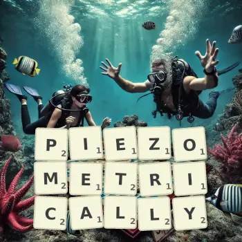 Creative illustration for a Scrabble game with the word PIEZOMETRICALLY spelled out in tiles on the board.