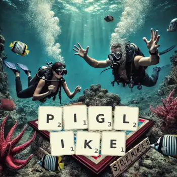 Creative illustration for a Scrabble game with the word PIGLIKE spelled out in tiles on the board.
