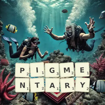 Creative illustration for a Scrabble game with the word PIGMENTARY spelled out in tiles on the board.