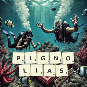 Creative illustration for a Scrabble game with the word PIGNOLIAS spelled out in tiles on the board.