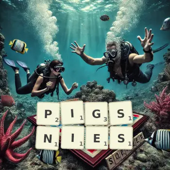 Creative illustration for a Scrabble game with the word PIGSNIES spelled out in tiles on the board.