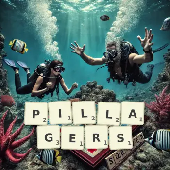 Creative illustration for a Scrabble game with the word PILLAGERS spelled out in tiles on the board.