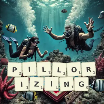 Creative illustration for a Scrabble game with the word PILLORIZING spelled out in tiles on the board.