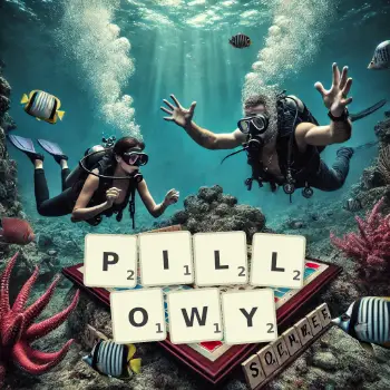 Creative illustration for a Scrabble game with the word PILLOWY spelled out in tiles on the board.