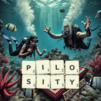 Creative illustration for a Scrabble game with the word PILOSITY spelled out in tiles on the board.