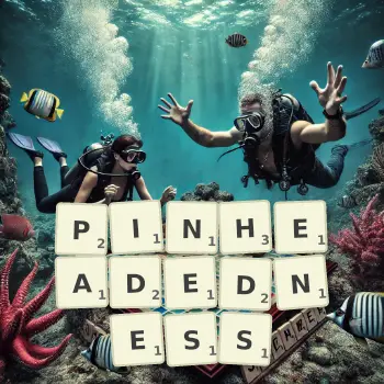 Creative illustration for a Scrabble game with the word PINHEADEDNESS spelled out in tiles on the board.