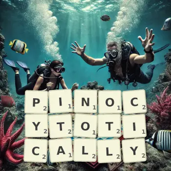 Creative illustration for a Scrabble game with the word PINOCYTOTICALLY spelled out in tiles on the board.