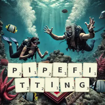 Creative illustration for a Scrabble game with the word PIPEFITTING spelled out in tiles on the board.
