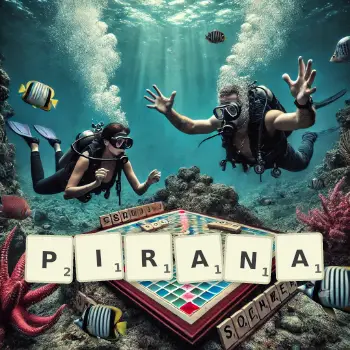 Creative illustration for a Scrabble game with the word PIRANA spelled out in tiles on the board.