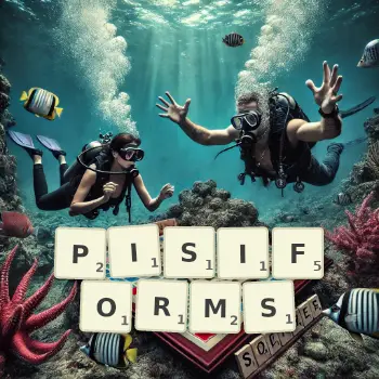 Creative illustration for a Scrabble game with the word PISIFORMS spelled out in tiles on the board.