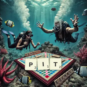 Creative illustration for a Scrabble game with the word PIT spelled out in tiles on the board.