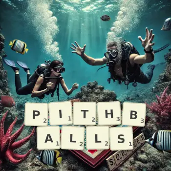 Creative illustration for a Scrabble game with the word PITHBALLS spelled out in tiles on the board.