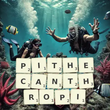 Creative illustration for a Scrabble game with the word PITHECANTHROPI spelled out in tiles on the board.