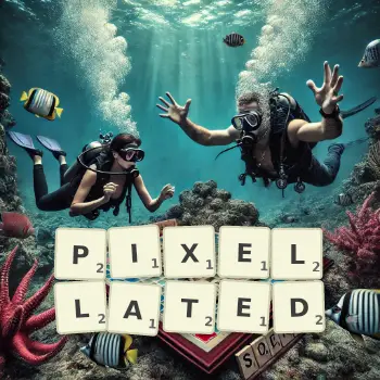 Creative illustration for a Scrabble game with the word PIXELLATED spelled out in tiles on the board.