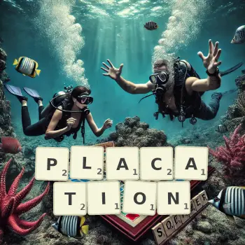 Creative illustration for a Scrabble game with the word PLACATION spelled out in tiles on the board.