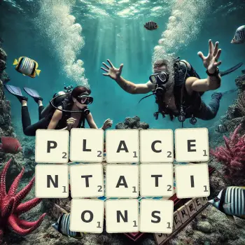 Creative illustration for a Scrabble game with the word PLACENTATIONS spelled out in tiles on the board.