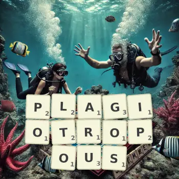 Creative illustration for a Scrabble game with the word PLAGIOTROPOUS spelled out in tiles on the board.