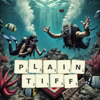 Creative illustration for a Scrabble game with the word PLAINTIFF spelled out in tiles on the board.