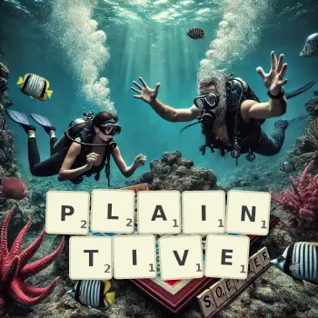 Creative illustration for a Scrabble game with the word PLAINTIVE spelled out in tiles on the board.