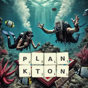 Creative illustration for a Scrabble game with the word PLANKTON spelled out in tiles on the board.