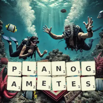 Creative illustration for a Scrabble game with the word PLANOGAMETES spelled out in tiles on the board.