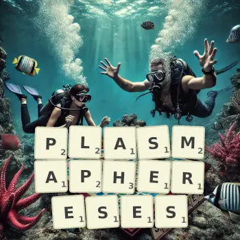 Creative illustration for a Scrabble game with the word PLASMAPHERESES spelled out in tiles on the board.