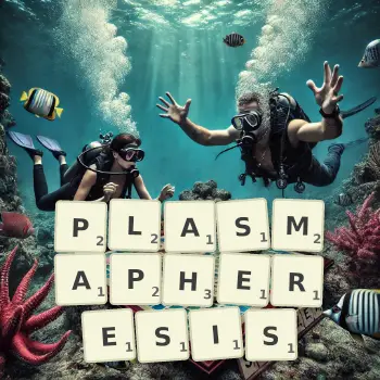 Creative illustration for a Scrabble game with the word PLASMAPHERESIS spelled out in tiles on the board.
