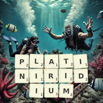 Creative illustration for a Scrabble game with the word PLATINIRIDIUM spelled out in tiles on the board.