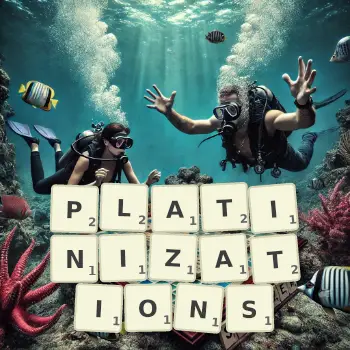 Creative illustration for a Scrabble game with the word PLATINIZATIONS spelled out in tiles on the board.