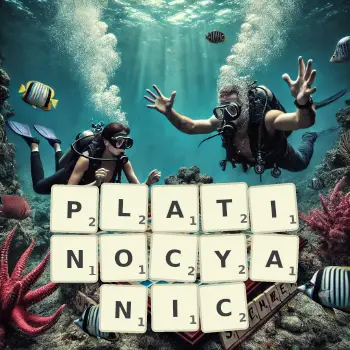 Creative illustration for a Scrabble game with the word PLATINOCYANIC spelled out in tiles on the board.