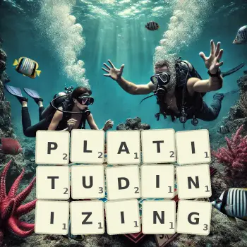 Creative illustration for a Scrabble game with the word PLATITUDINIZING spelled out in tiles on the board.