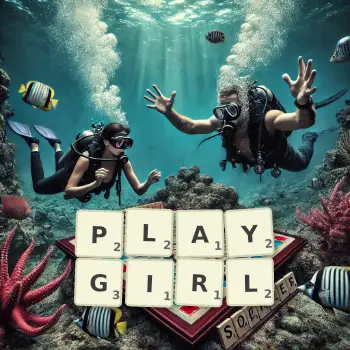Creative illustration for a Scrabble game with the word PLAYGIRL spelled out in tiles on the board.