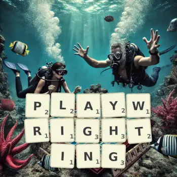 Creative illustration for a Scrabble game with the word PLAYWRIGHTING spelled out in tiles on the board.