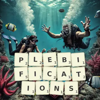 Creative illustration for a Scrabble game with the word PLEBIFICATIONS spelled out in tiles on the board.