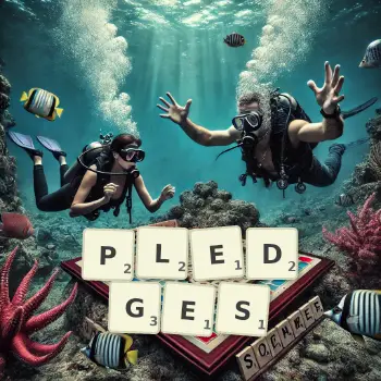 Creative illustration for a Scrabble game with the word PLEDGES spelled out in tiles on the board.