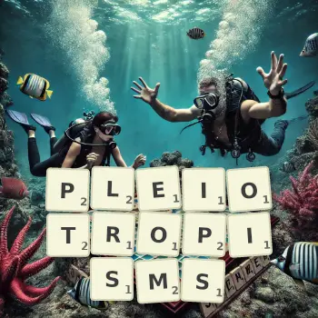 Creative illustration for a Scrabble game with the word PLEIOTROPISMS spelled out in tiles on the board.