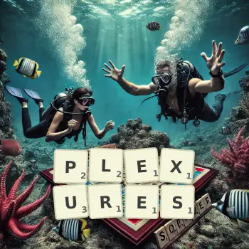 Creative illustration for a Scrabble game with the word PLEXURES spelled out in tiles on the board.