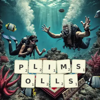 Creative illustration for a Scrabble game with the word PLIMSOLLS spelled out in tiles on the board.