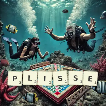 Creative illustration for a Scrabble game with the word PLISSE spelled out in tiles on the board.