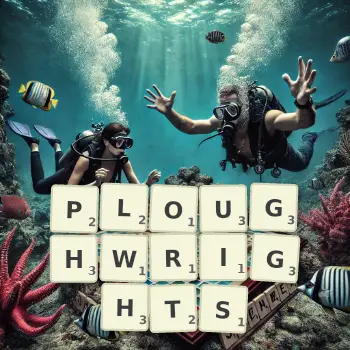 Creative illustration for a Scrabble game with the word PLOUGHWRIGHTS spelled out in tiles on the board.