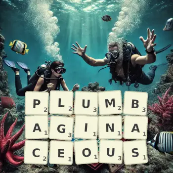 Creative illustration for a Scrabble game with the word PLUMBAGINACEOUS spelled out in tiles on the board.