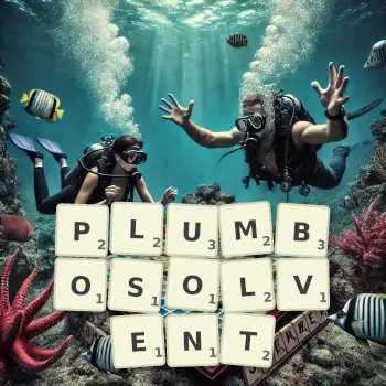 Creative illustration for a Scrabble game with the word PLUMBOSOLVENT spelled out in tiles on the board.